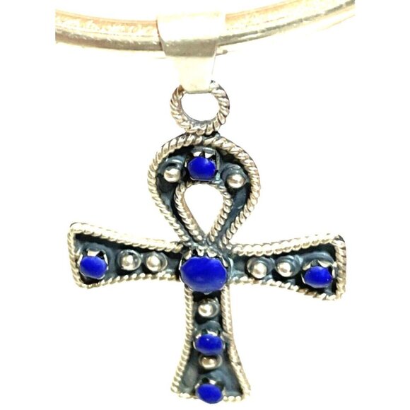 Taxco MX Silver Ankh Necklace Lapis Lazuli Cross Pendant Collar Egyptian 925 - Picture 7 of 16
